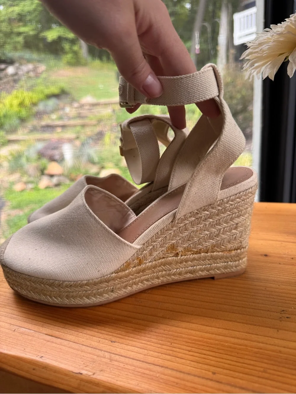 H&M Cream Canvas Espadrille Wedge Sandals with Ankle Strap